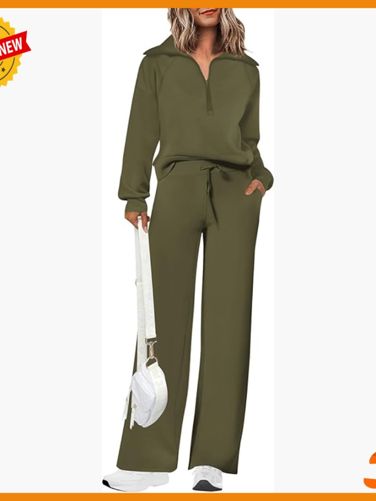 Large 2-Piece Tracksuit Set, Half Zip Sweatshirt & Wide Leg Pants, Cozy Material